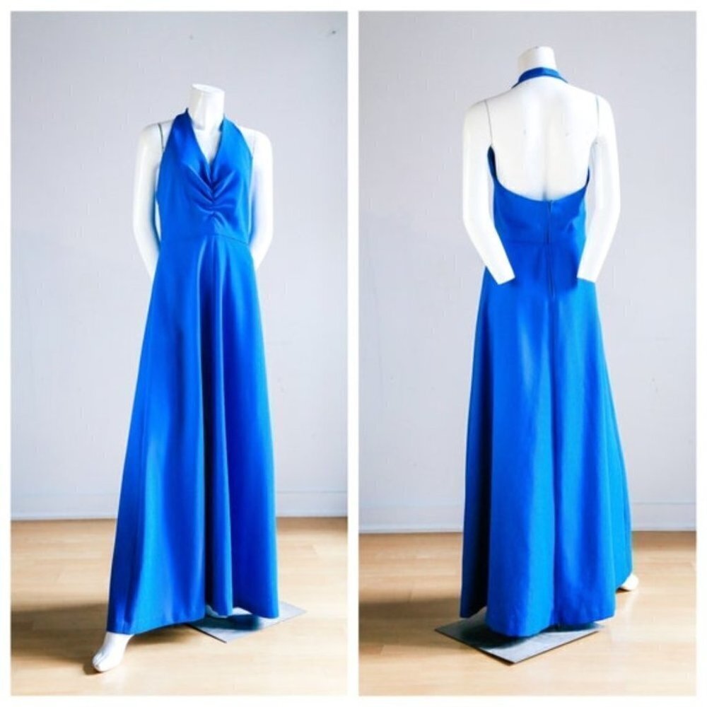 Sexy Cobalt Blue Halter Neck Low Back Summer Maxi Dress
